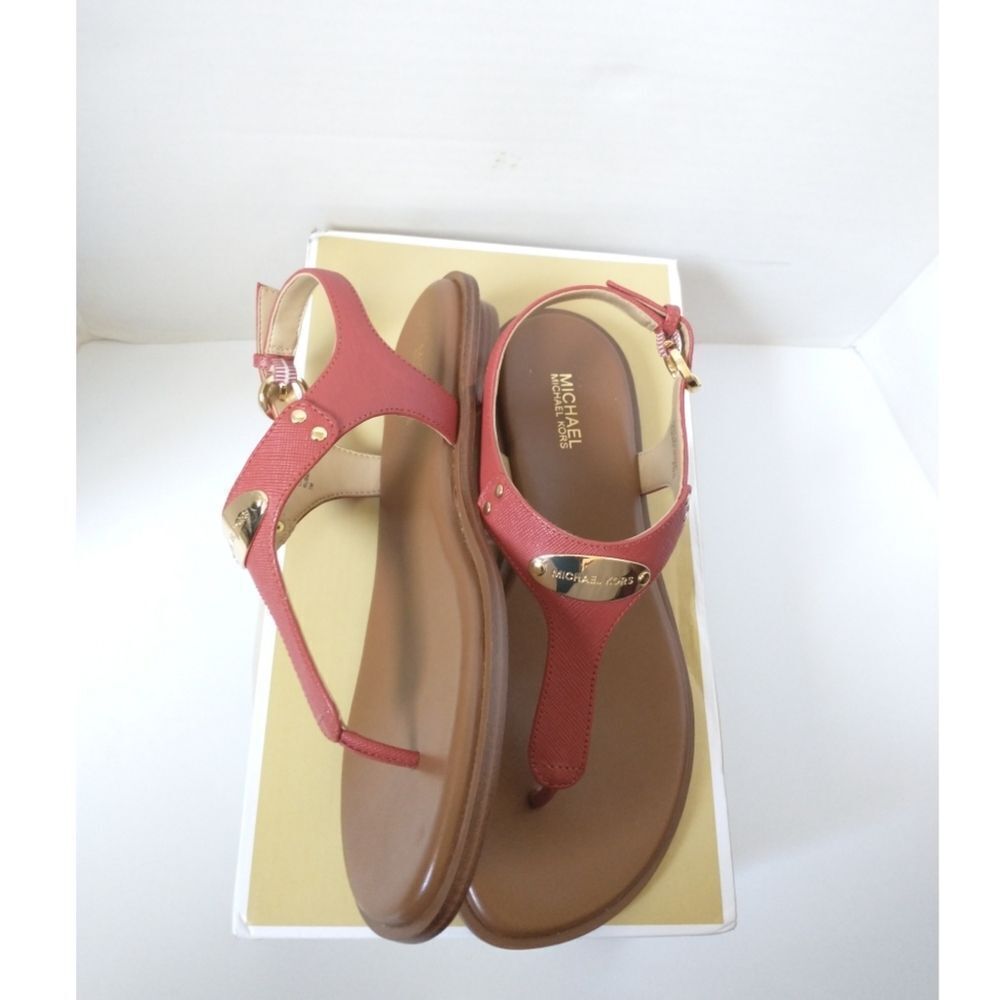 New! MICHAEL KORS Women's MK Plate Thong Leather Sandals Shoes Terracotta Size 7 - Picture 6 of 9
